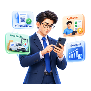 ไอคอน 4 โซลูชันเสริม Bplus ERP สำหรับธุรกิจแบบ Hybrid Work ได้แก่ e-Transactions, Van Sales, Collector และ Executive